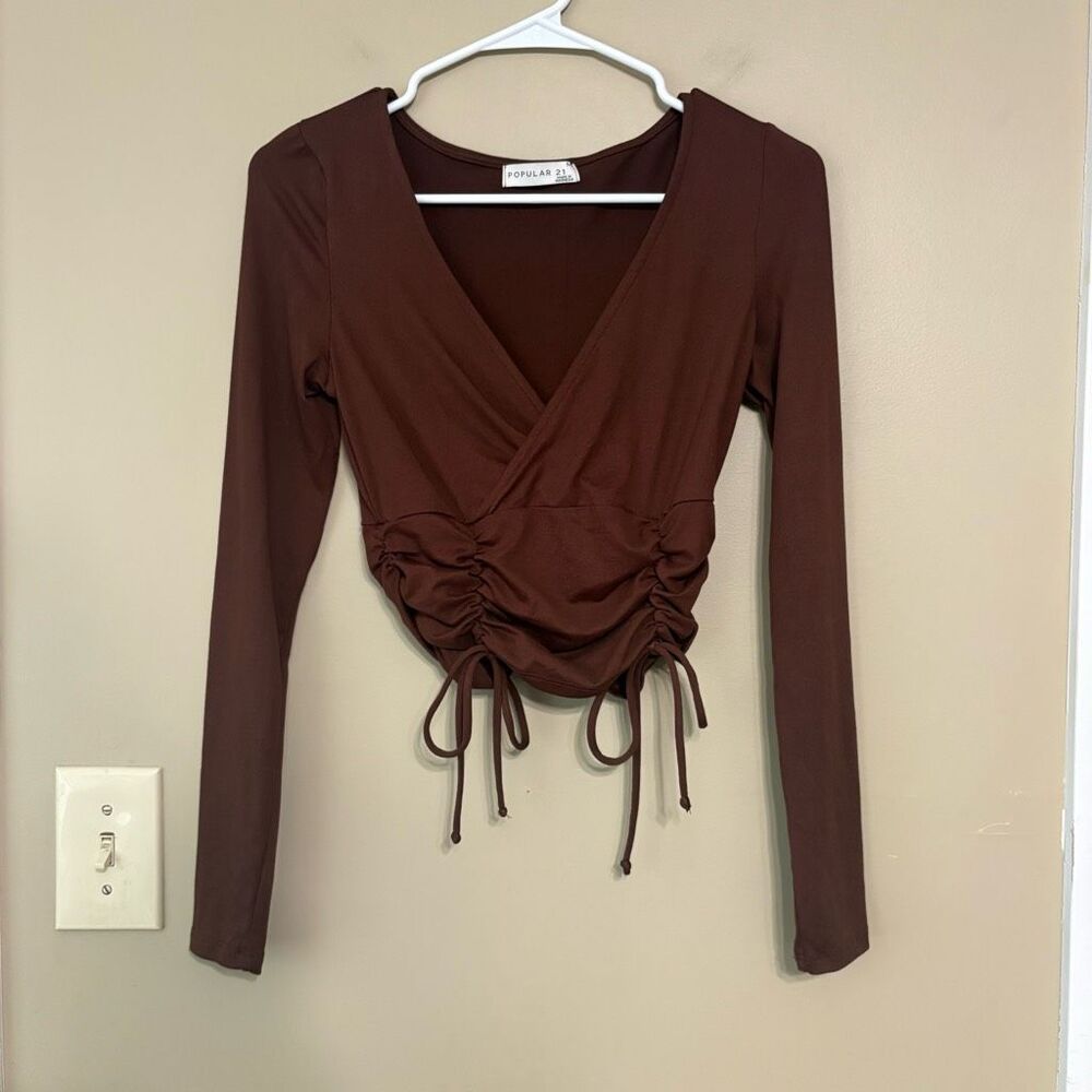 Popular 21 Womens Deep V Neck Wrap Ruched Cinched Brown Long Sleeve Shirt Medium